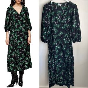 Topshop Daisy Tie Wrap Green and Black Midi Dress size 10